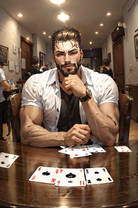 Highly detailed, High Quality, Masterpiece, beautiful, PlayingCards, 1boy, solo, holding, card, table, holding card, sitting, indoors, playing card, pov across table, closed mouth, looking at viewer, gigachad,