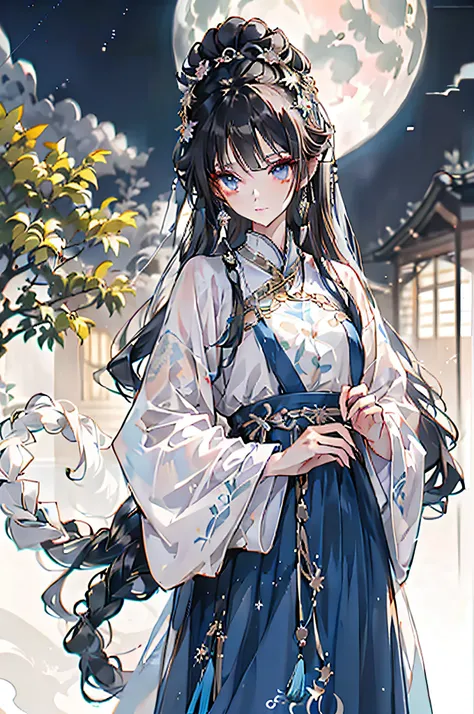 hyper HD, Best quality, Slim figure, Pretty face, Eyes have light, brunette, Gently draped at the back, Braided into simple braids, A hair ornament in the shape of a small moon。She wears a silver or blue cheongsam, The edges of the cheongsam are embroidere...