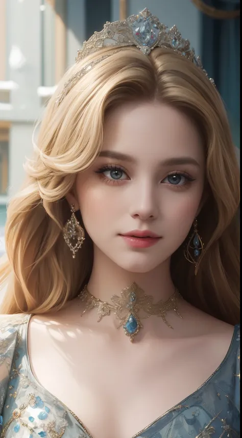 tmasterpiece，Highest image quality，Beautiful bust of a royal lady，Delicate blonde hairstyle，Embellished with a dazzling array of intricate jewelry，super detailing，upscaled。