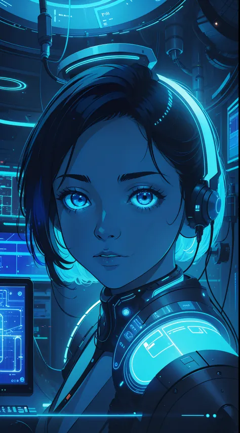 (obra-prima) 1girl, sozinho. Shes a brilliant scientist. Shes in a futuristic lab, surrounded by technological equipment and holographic screens. His face is illuminated by the neon blue light, as she works on a revolutionary discovery. The artistic medium...