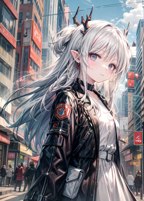 on the busy streets of a modern fantasy city, a young woman with long white hair advances with a presence that fuses the magical...