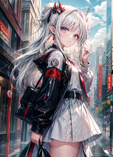 on the busy streets of a modern fantasy city, a young woman with long white hair advances with a presence that fuses the magical...