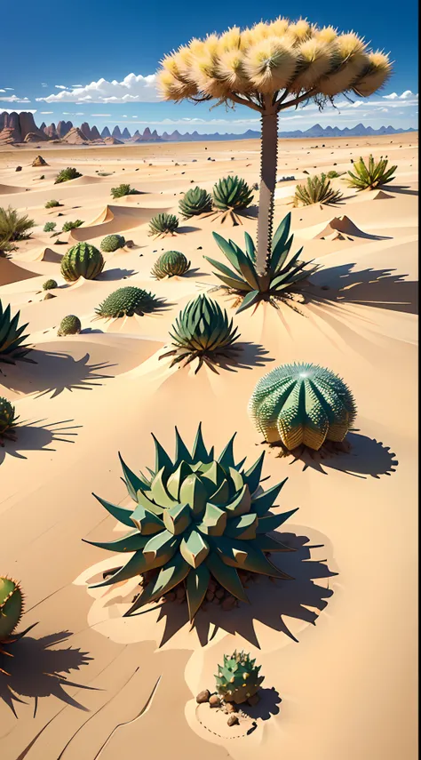 A daytime landscape of an arid desert, coberto por dunas de areia fina e clara. The sky is blue and cloudless, e o sol brilha forte no horizonte. The temperature is high and the air is dry. Pouca vida se encontra nesse ambiente hostil, just a few spiny cac...