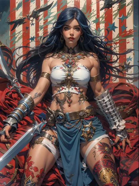 (((mulher))), (((melhor qualidade))), (((obra prima))), (((adulto))), Uma guerreira mulher de 35 anos com corpo perfeito, Gladiadores do Brooklyn, (( sob os peitos )), quase nua no estilo selvagem urbano de Simon Bisley para a capa da revista Heavy Metal, ...