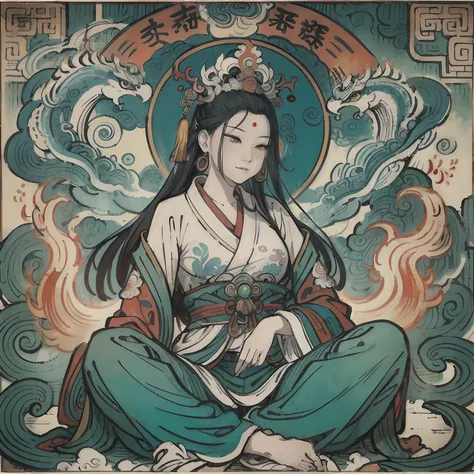 an ancient Chinese goddess, guanyin of the southern seas, Guanyin, Inspired by India, Avalokiteshvara rides a phoenix，,Serene expression,shui mo hua,Buddha,Buddhist,Lotus,Chinese painting style,Thangka style