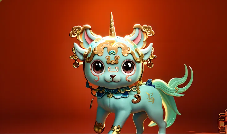 Cute, (Side view: 1.7), Full body view, (Ancient Chinese Divine Beasts | Qilin: 1.5), four feet, head up, pointed ears, a unicorn behind the head, open mouth, thick neck, (walking: 1.2), wings growing at the shoulders, feathered texture on the hind legs, c...