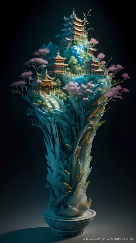 best quality, realistic, photorealistic,  ultra detailed, "Mountain of Flower and Fruit+Fairy+Chinese Architecture" highly detailed carving on "southern ice" porcelain,Ultra wide angle,Accent Lighting,Volumetric Lighting,backlighting, (detailed light),((an...