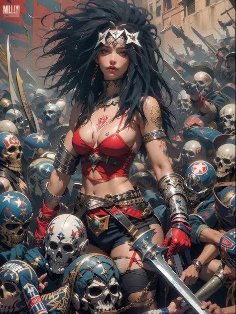 (((mulher))), (((melhor qualidade))), (((obra prima))), (((adulto))), Uma guerreira mulher de 35 anos com corpo perfeito, Gladiadores do Brooklyn, (( sob os peitos )), quase nua no estilo selvagem urbano de Simon Bisley para a capa da revista Heavy Metal, ...