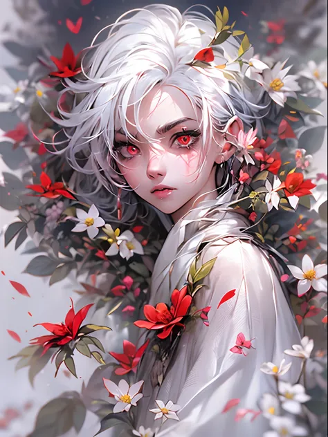 white hair，flowers with eyeballs，flowers with eyeballs，white blossoms，hoang lap，uncanny，atmosphere of despair，abstract backgroun...