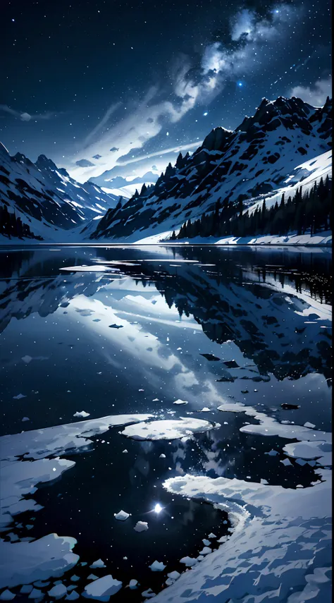 Uma paisagem noturna de um lago congelado, rodeado por montanhas nevadas. The surface of the lake is smooth and shiny, reflecting the stars of the sky. The sky is dark and starry, com algumas nuvens brancas. The moon is crescent and illuminates the landsca...