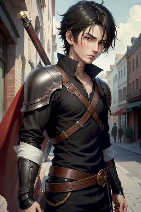 anime boy, black hair, brown eyes, swords on the back, black clothing