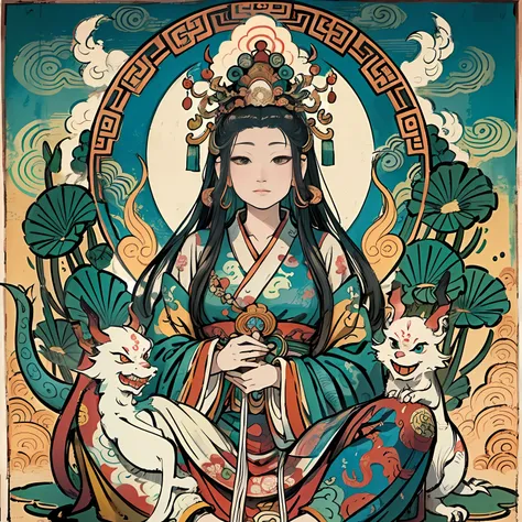 an ancient Chinese goddess, guanyin of the southern seas, Guanyin, Inspired by India, Avalokiteshvara rides a dragon，,Serene expression,shui mo hua,Buddha,Buddhist,Lotus,Chinese painting style,Thangka style