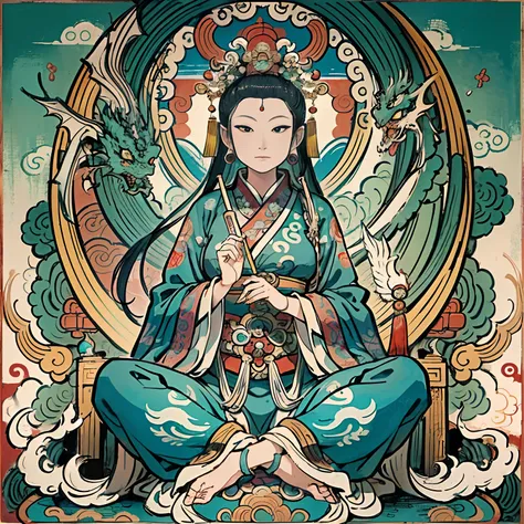 an ancient Chinese goddess, guanyin of the southern seas, Guanyin, Inspired by India, Avalokiteshvara rides a dragon，,Serene expression,shui mo hua,Buddha,Buddhist,Lotus,Chinese painting style,Thangka style