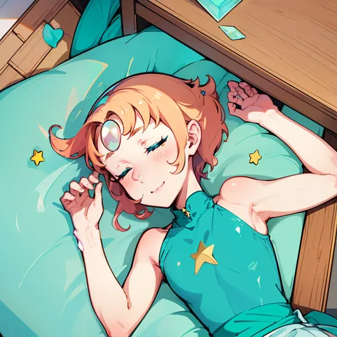 1girl, Pearl, pale, ivory complexion, light-cyan eyes, peach-colored hair, forehead gem, aqua blue tunic, cyan high-waist ribbon, yellow shorts, star emblem, swept-back hair, short hair, pearl gem, pointy nose, pink socks, light blue ballet flats, sleeping...