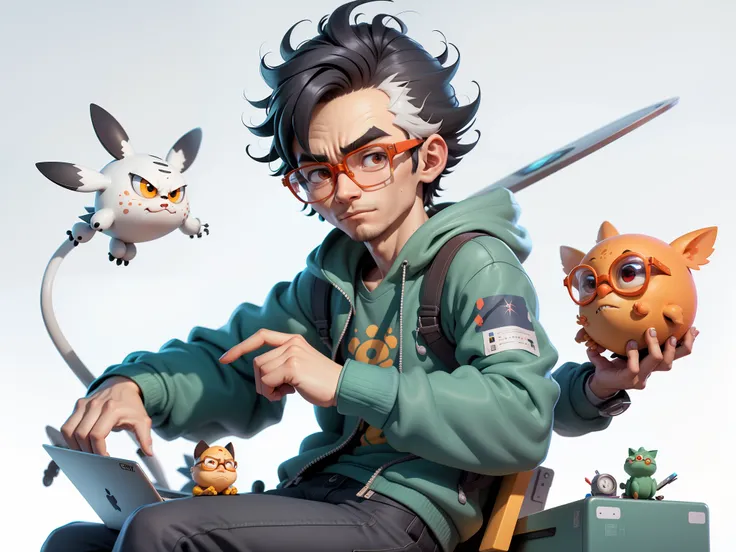 A young man with glasses sits at his desk，holding laptop，digitial painting，3D character design by Mark Clairen and Pixar and Hayao Miyazaki and Akira Toriyama，4K HD illustration，Very detailed facial features and cartoon-style visuals。