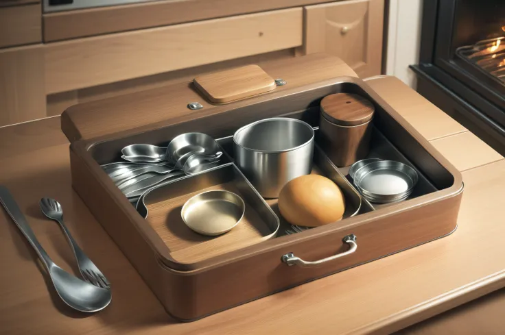 This tin box contains a cup and simple cutlery. The box clamps together, and one side can be used as a cooking pan and the other as a plate or shallow bowl.