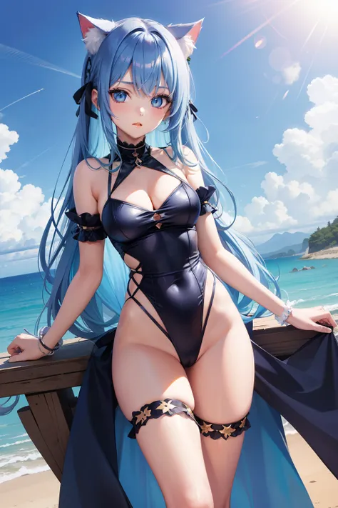 Cat Lady Blue Hair Long Hair 18 Forbidden Blue Eyes Loli C Cup High Slit Swimsuit