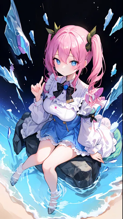 beautiful illustration、top-quality、Landmines are women、full bodyesbian、simple background、PastelColors、小柄、Twintails with pink and black hair、Bangs Patsun、Rabbit badge、Bright lighting、pale blue eyes