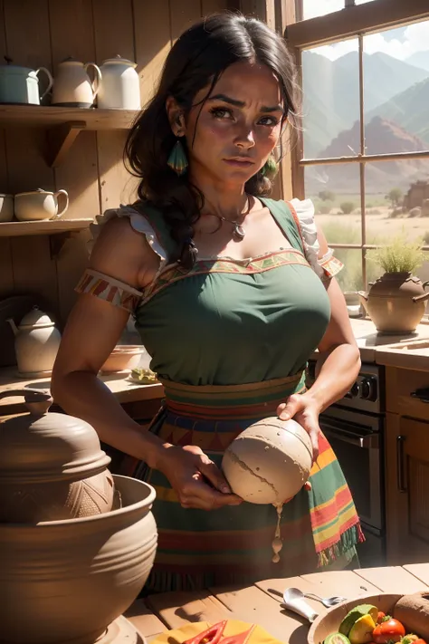 1950s style, indigenous Mexican woman with tanned skin, rural sector cook,((transparent clothing))((provocative) making tortillas, dressed in colorful serape style clothing, cooking with clay pot, table with molcajete, tomatoes, onions, chili peppers, avoc...