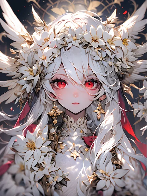 white hair，flowers with eyeballs，flowers with eyes，flowers have eyeballs，white blossoms，terroral，hoang lap，uncanny，atmosphere of...