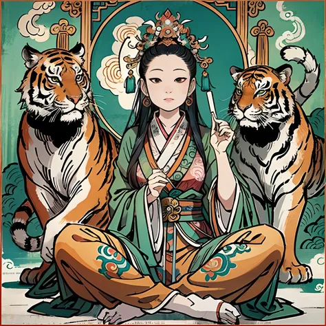 an ancient Chinese goddess, guanyin of the southern seas, Guanyin, Inspired by India, Avalokiteshvara rides a tiger，,Serene expression,shui mo hua,Buddha,Buddhist,Lotus,Chinese painting style,Thangka style