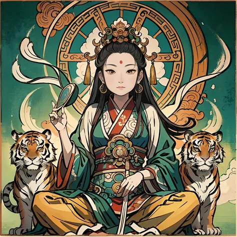 an ancient Chinese goddess, guanyin of the southern seas, Guanyin, Inspired by India, Avalokiteshvara rides a tiger，,Serene expression,shui mo hua,Buddha,Buddhist,Lotus,Chinese painting style,Thangka style