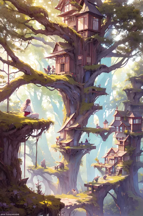 A treehouse in a primeval mossy forest. Treehouses are built on very large tall branches, large tree. I wonder how it was possible to build so high. Primeval forests covered with moss、A big tree is falling. woodpecker, a squirrel, And owls are visiting the...