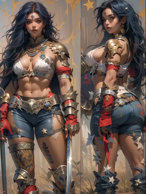 (((mulher))), (((melhor qualidade))), (((obra prima))), (((adulto))), Uma guerreira mulher de 35 anos com corpo perfeito, Gladiadores do Brooklyn, (( sob os peitos )), quase nua no estilo selvagem urbano de Simon Bisley para a capa da revista Heavy Metal, ...