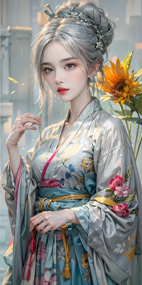 photorealistic, high resolution, soft light,1women, solo, hips up, (detailed face), silver hair, ru_qun, colorful hanfu tattoo, jewelry