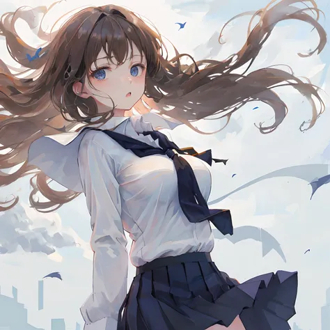 masterpiece,best quality,1girl, solo, long brown hair, hair blowing in the wind, big blue eyes, medium breasts, white button shirt, black skirt, school uniform, cute, young, posing, looking at viewers, park