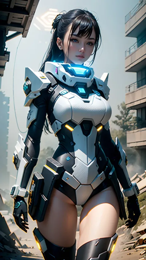 ((Best quality)), ((masterpiece)), (highly detailed:1.3), 3D,Shitu-mecha, beautiful cyberpunk women with her mecha in the ruins of city from a forgoten war, ancient technology,HDR (High Dynamic Range),Ray Tracing,NVIDIA RTX,Super-Resolution,Unreal 5,Subsur...