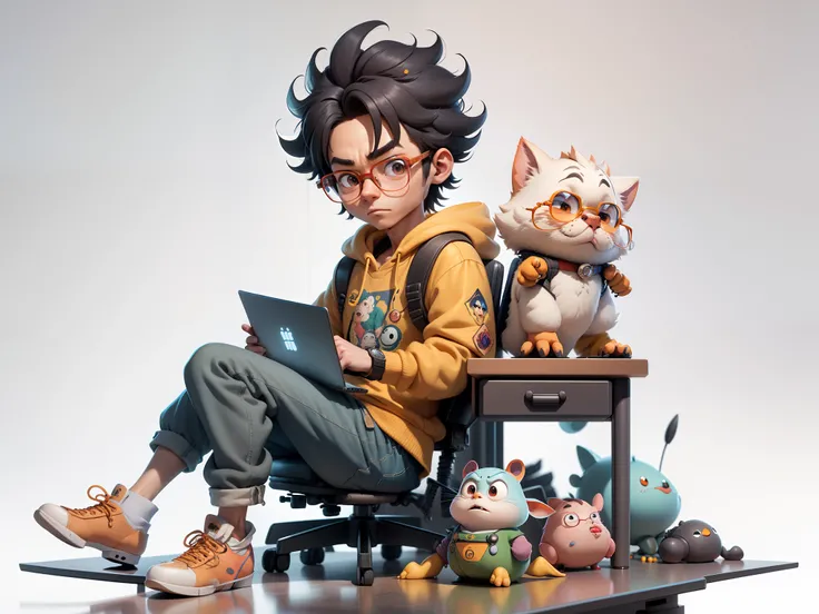 A young man with glasses sits at his desk，holding laptop，digitial painting，3D character design by Mark Clairen and Pixar and Hayao Miyazaki and Akira Toriyama，4K HD illustration，Very detailed facial features and cartoon-style visuals。