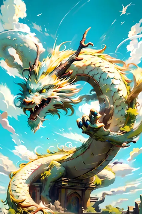 Best quality,masterpiece,ultra high res,nu no humans, (long:1.2),sky, yellow eyes, cloud, scales, eastern dragon, open mouth, sharp teeth, flying, horns, teeth, day, claws, fangs, blue sky