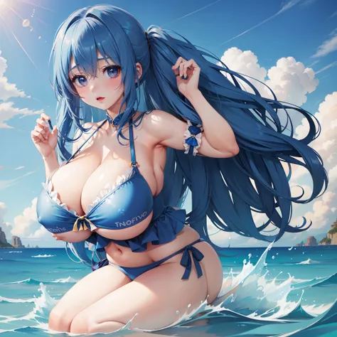 One girl、Blue-haired、poneyTail、The bikini、frilld、​masterpiece、top-quality、Top image quality、cute little、（（（early evening）））、huge tit、(gigantic cleavage breasts:1.5)、the beach、Lori、