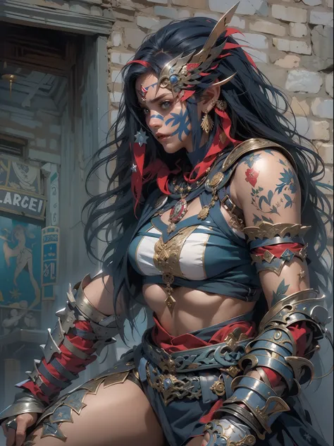 (((mulher))), (((melhor qualidade))), (((obra prima))), (((adulto))), Uma guerreira mulher de 35 anos com corpo perfeito, Gladiadores do Brooklyn, (( sob os peitos )), quase nua no estilo selvagem urbano de Simon Bisley para a capa da revista Heavy Metal, ...