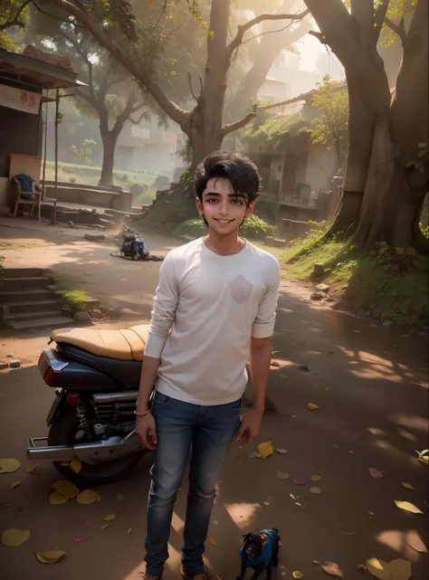 Is boy ka image bahut hi achchha aaye. Aur ye smile ke saath ho. Background bhi bahut hi achchha rahe. Aur iske bagal me hi ak paaltu dog ho. Aur scooty ko best scooty bana do. Aur paltu dog iske bagal me jarur ho.