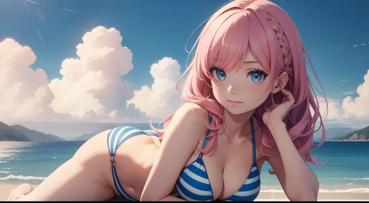 Ridiculous resolution, A high resolution, (Masterpiece:1.4), 1girll，Bust photo，A pink-haired，By bangs，one side braids，Blue and white striped bikini，ultra - detailed, cloudless sky，the sea，baiyun，the space, afloat