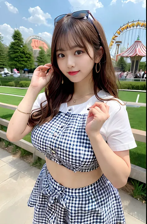 ​masterpiece, Better Quality, hight resolution, 1 girl,fringe, Curly hair, JINS,Gingham Check Shirt,Navel out,Chest emphasis,An amusement park,Diameter chest, happily face, sweat drop,(huge-breasted:1.2),Waki,Highly exposed