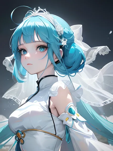 Anime girl with blue hair and white dress,, anime goddess, Detailed Digital Anime Art, Beautiful anime girl, beautiful anime woman, beautiful alluring anime woman, anime style 4 k, Anime girl with teal hair,With a white veil，Chinese-style clothing,White fl...