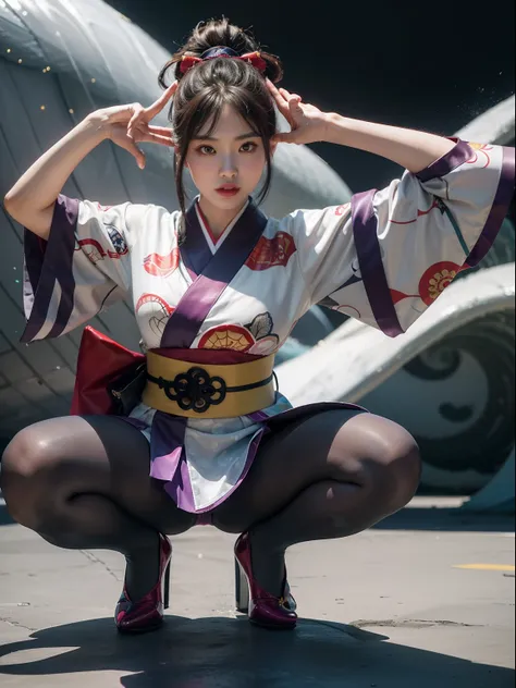 (full body:1.5)，(1girl:1.3),(view the viewer:1.4)，(anatomy correct:1.45),(Dance squatting under the huge waves:1.3),(very thick printed pantyhose:1.4),( Chinese woman Wear printed fantasy SpiderMan Style Traditional Japanese kimono set and uniform pointed ...