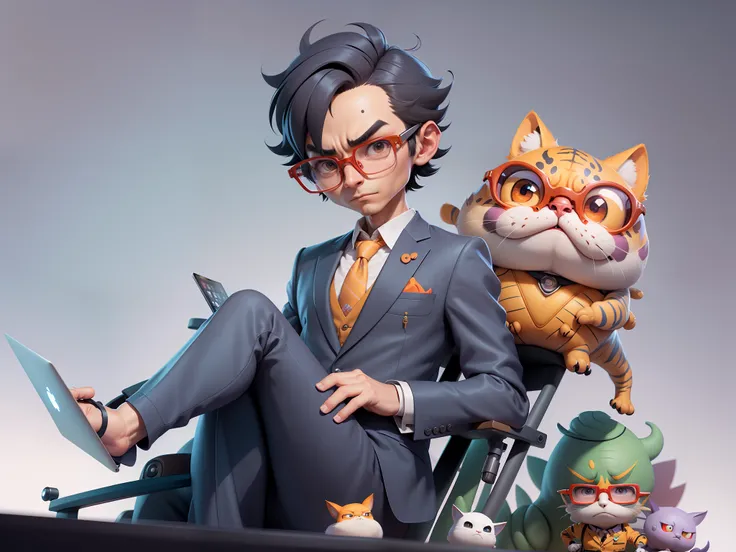 A young man in a suit, Short hair and glasses sat at his desk，holding laptop，digitial painting，tigre，3D character design by Mark Clairen and Pixar and Hayao Miyazaki and Akira Toriyama，4K HD illustration，Very detailed facial features and cartoon-style visu...