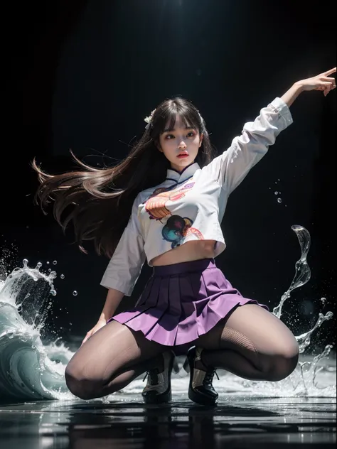 (full body:1.5)，(1girl:1.3),(view the viewer:1.4)，(anatomy correct:1.45),(Dance squatting under the huge waves:1.3),(very thick printed pantyhose:1.4),( Chinese woman Wear printed fantasy Japanese style JK student uniform pleated skirt and uniform pointed ...