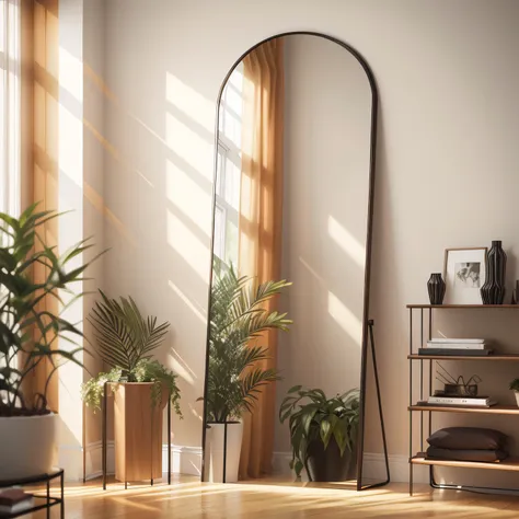 Warm colors of IKEA home design，Sunny room，There is an arched mirror with a black metal trim on the wooden floor。