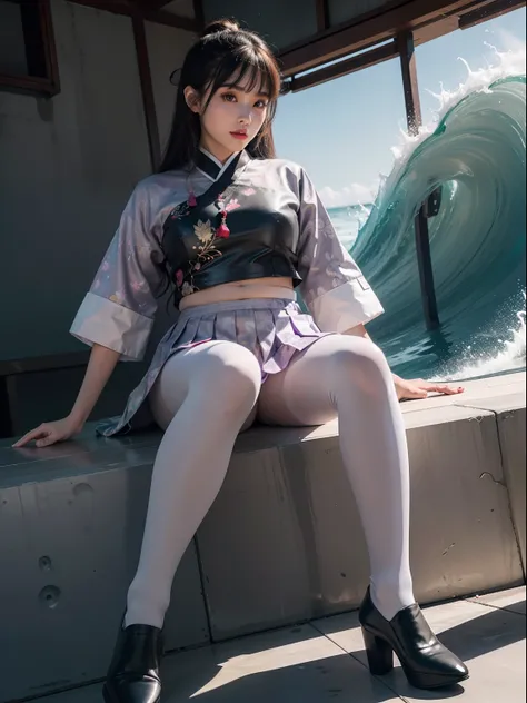 (full body:1.5)，(1girl:1.3),(view the viewer:1.4)，(anatomy correct:1.45),(Sitting under the huge waves and dancing:1.3),(very thick printed pantyhose:1.4),( Chinese woman Wear printed fantasy Japanese style JK student uniform pleated skirt and uniform poin...