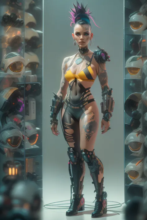 (full body: 1.2),(wonderful and sexy body: 1.2), (half naked: 1.2), (highly detailed: 1.2), (best canon EOS R6 quality: 1.2), (8k: 1.0), (dynamic posture: 1.2), (lots of large black tattoos on the head, open cybernetic head showing the inside, detailed ope...
