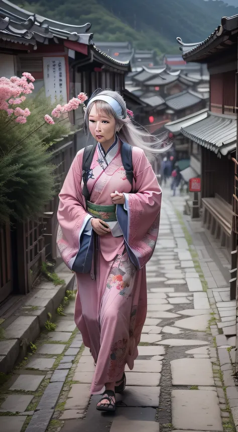 a chinese and beautiful women, Long flowing hair, Carrying a pink pouch over his shoulder, Walk around the ancient town of Lijiang, grey hair, hairband, outside border, cinematic lighting