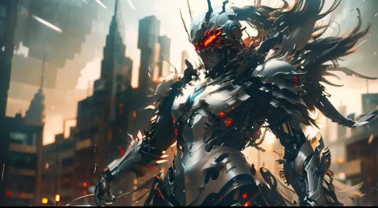 A mech, silver-white long ponytail and waist, V-shaped mechanical helmet, helmet eyes with red light, wearing a black sexy mech suit, red torn cloak swaying in the wind, white glowing six-winged mechanical wings, a broad sword glowing yellow with red light...