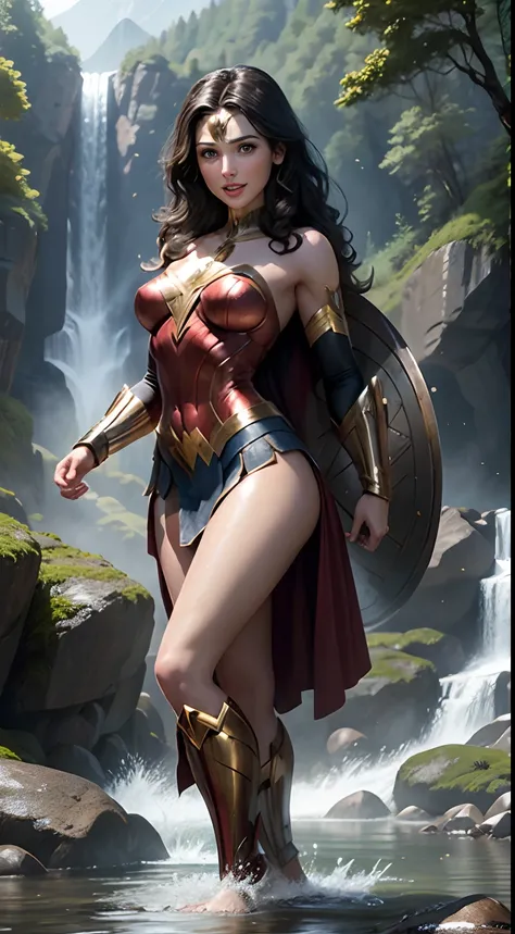 Gal Gadot as a beautiful wonderwoman, busty, completely naked, dark brown flowing hair, smiling, bathing under a waterfall, in a forest, front view, naked boobs and pubic hair visible, mountains in background, full body image, graceful