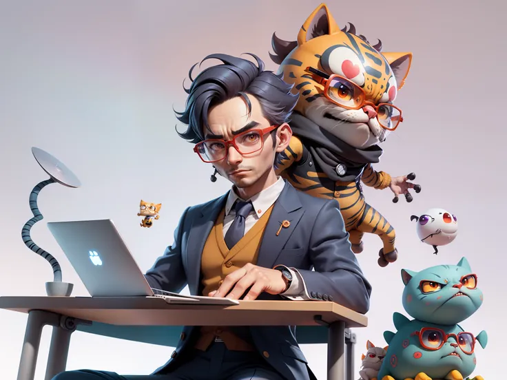 A young man in a suit, Short hair and glasses sat at his desk，holding laptop，digitial painting，tigre，3D character design by Mark Clairen and Pixar and Hayao Miyazaki and Akira Toriyama，4K HD illustration，Very detailed facial features and cartoon-style visu...