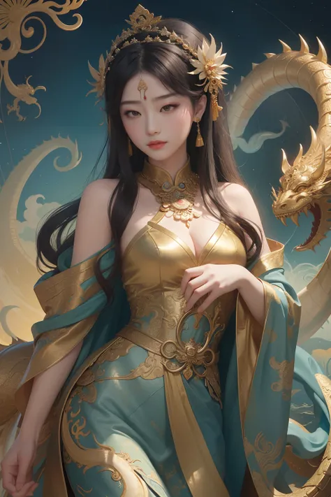 an ancient Chinese goddess, guanyin of the southern seas, Guanyin, Inspired by China, Avalokiteshvara rides a dragon，,Serene expression,shui mo hua,Buddha,Buddhist,Lotus,Chinese painting style,Thangka style